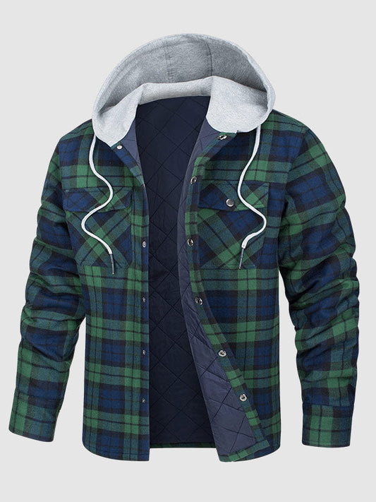 Men's Cozy Hooded Plaid Button-Up Shirt Jacket for Warm Comfort