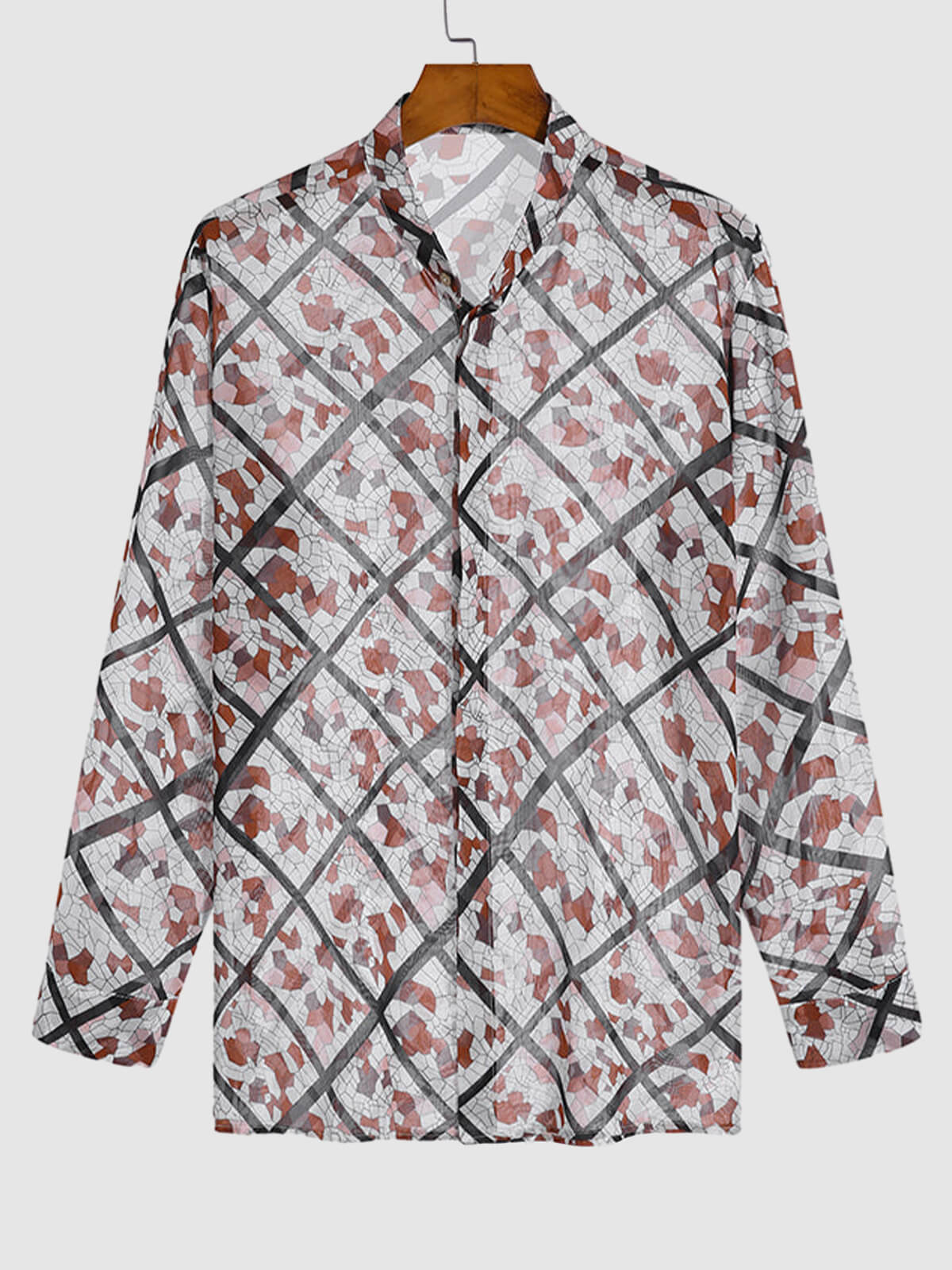 Sexy men's long sleeve plaid printed shirt with colorful patterns and sheer fabric