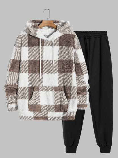 Casual men's plaid sweatshirt and fleece pants set