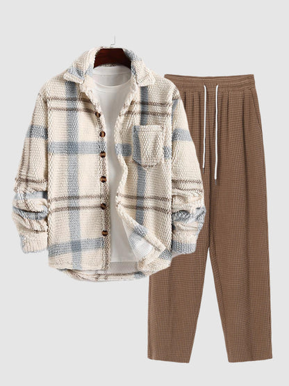 Men's Plaid Flannel Jacket and Casual Pants Set, Stylish and Comfortable Two-Piece