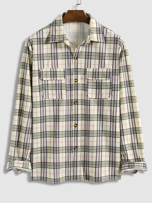 Men's plaid velvet striped shirt with long sleeves and buttons