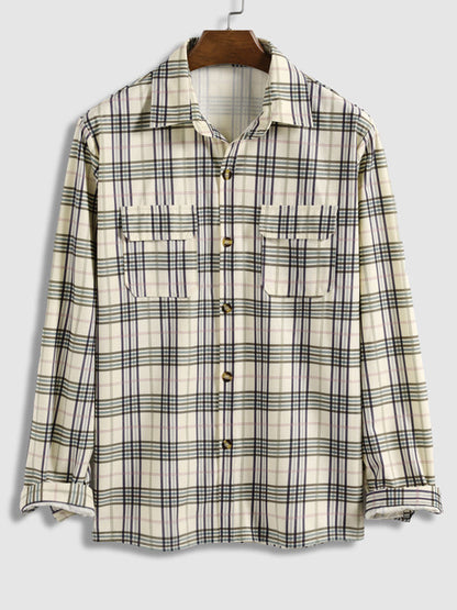 Men's plaid velvet striped shirt with long sleeves and buttons
