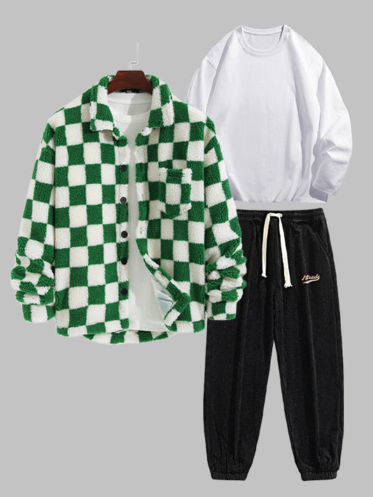 Men's Classic Checkered Fleece Jacket + Basic T-Shirt + Corduroy Pants Casual Suit