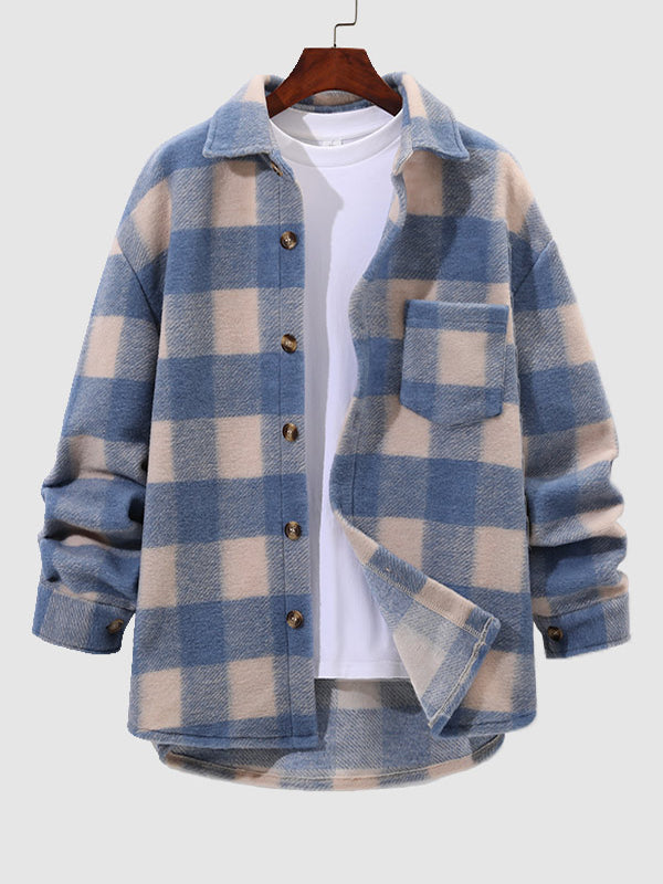 Men's Classic Plaid Wool Blend Button-Front Shirt Jacket
