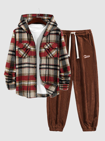 Men's Stylish Plaid Hooded Wool Blend Shirt Jacket with Corduroy Casual Pants