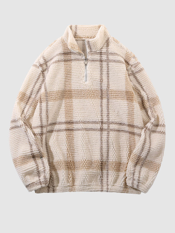Men's Half-Zip Plaid Flannel Terry Collar Sweatshirt