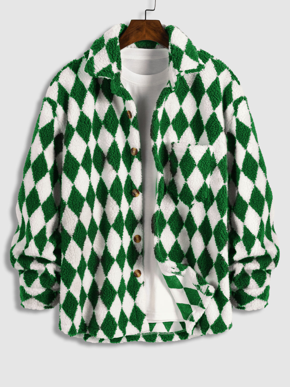 Elegant Men's Faux Fur Lapel Jacket with Diamond Plaid Pattern and Single Pocket