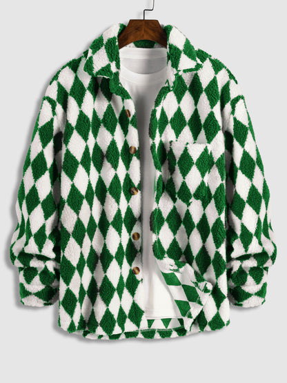 Elegant Men's Faux Fur Lapel Jacket with Diamond Plaid Pattern and Single Pocket