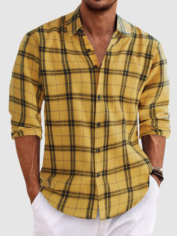 Men's Long Sleeve Casual Shirt with Plaid Pattern and Loose Fit