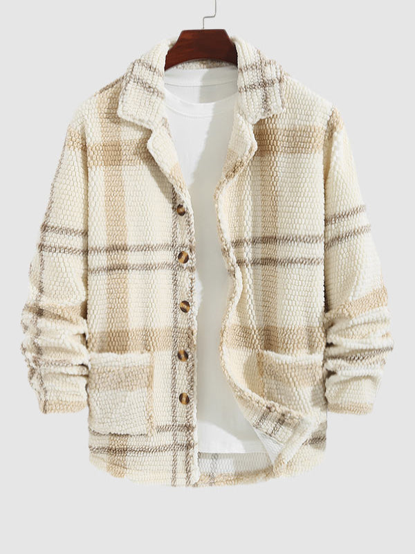 Men's Cozy Plaid Faux Fur Lapel Jacket with Double Pockets for Casual Style