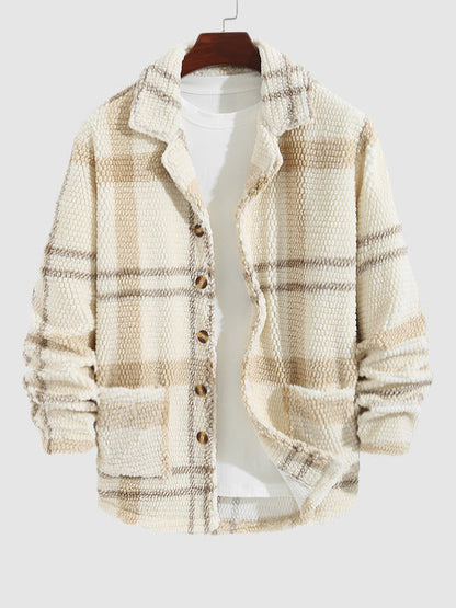 Men's Cozy Plaid Faux Fur Lapel Jacket with Double Pockets for Casual Style
