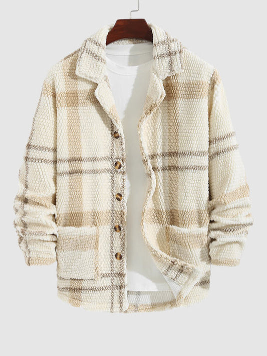 Men's Cozy Plaid Faux Fur Lapel Jacket with Double Pockets for Casual Style