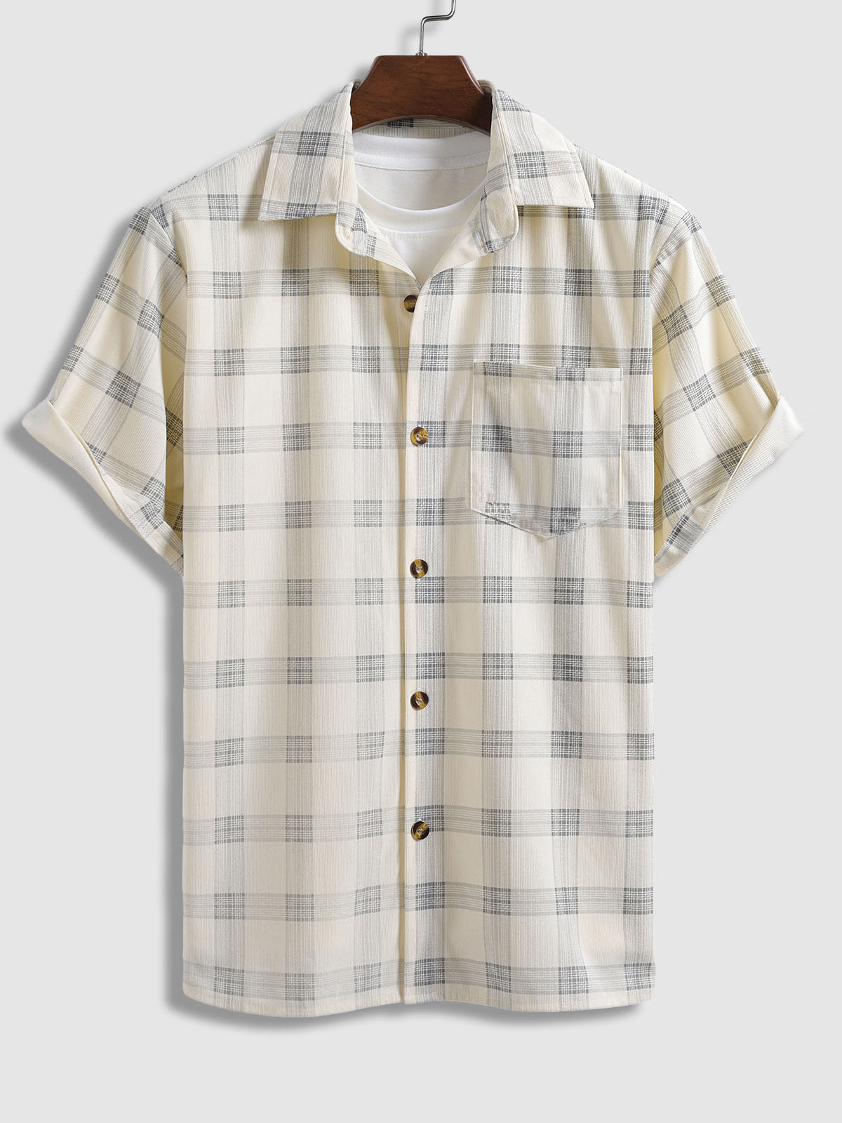 Men's corduroy plaid shirt with buttons and short sleeves