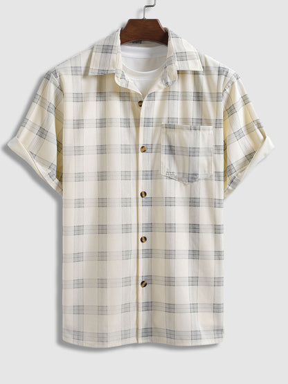 Men's corduroy plaid shirt with buttons and short sleeves