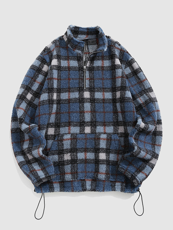 Men's sweatshirt jacket with vintage polar fleece, stylish plaid design, stand collar, and full zipper