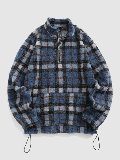 Men's sweatshirt jacket with vintage polar fleece, stylish plaid design, stand collar, and full zipper