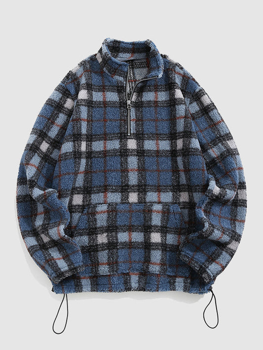 Men's sweatshirt jacket with vintage polar fleece, stylish plaid design, stand collar, and full zipper
