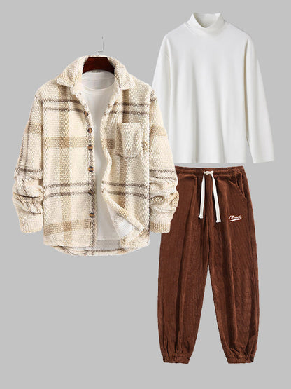 Men's 3-Piece Flannel Plaid Shirt Set: Jacket, Basic Shirt, and Comfortable Pants