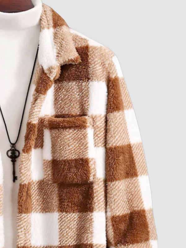 Men's Plaid Fleece Button-up Jacket with Pocket