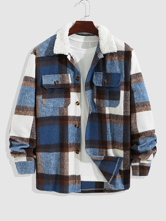 Men's Wool Blend Checkered Pattern Jacket with Notch Collar