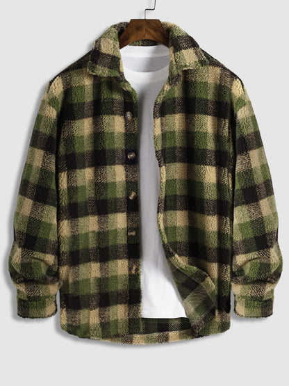 Men's Cozy Classic Plaid Faux Fur Shirt - Casual Button-Up Cardigan Jacket
