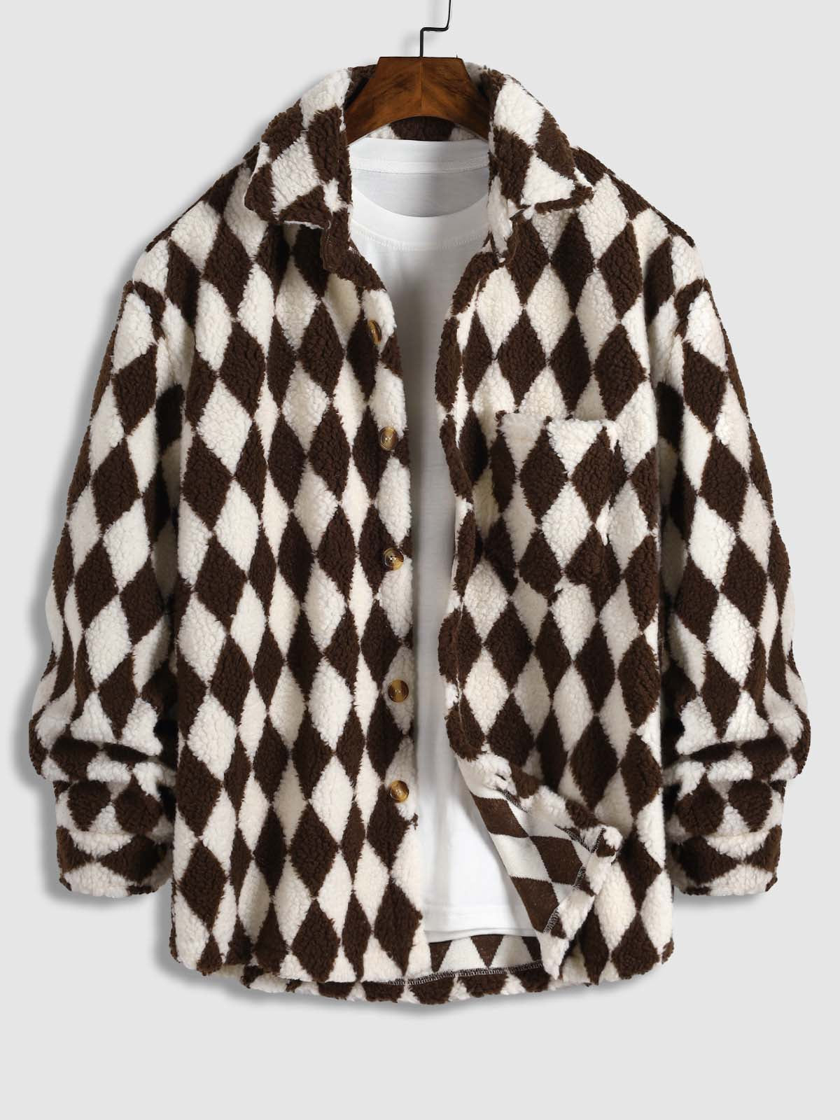 Elegant Men's Faux Fur Lapel Jacket with Diamond Plaid Pattern and Single Pocket