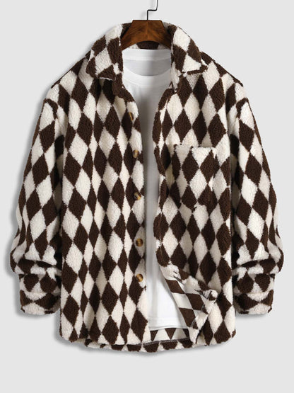 Elegant Men's Faux Fur Lapel Jacket with Diamond Plaid Pattern and Single Pocket