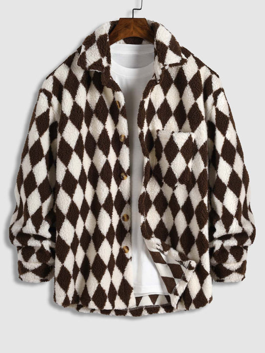 Elegant Men's Faux Fur Lapel Jacket with Diamond Plaid Pattern and Single Pocket