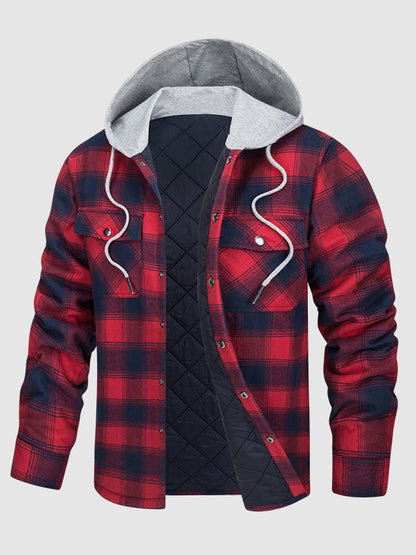 Men's Cozy Hooded Plaid Button-Up Shirt Jacket for Warm Comfort