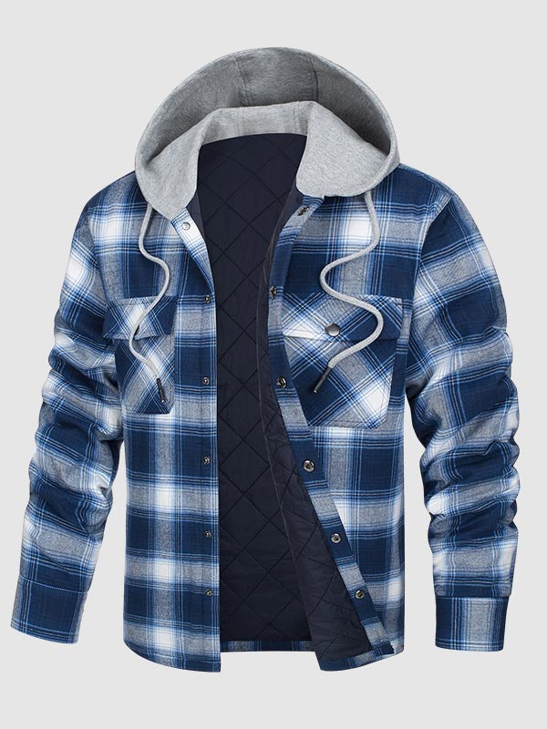 Men's Cozy Hooded Plaid Button-Up Shirt Jacket for Warm Comfort