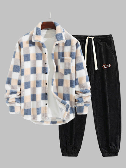 Casual Classic Plaid Outfit for Men with Plush Faux Fur Jacket and Corduroy Pants
