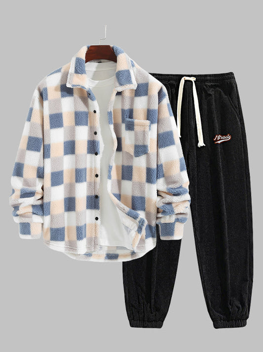 Casual Classic Plaid Outfit for Men with Plush Faux Fur Jacket and Corduroy Pants