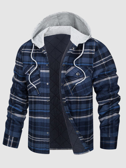 Men's Cozy Hooded Plaid Button-Up Shirt Jacket for Warm Comfort