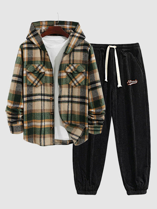 Men's Stylish Plaid Hooded Wool Blend Shirt Jacket with Corduroy Casual Pants