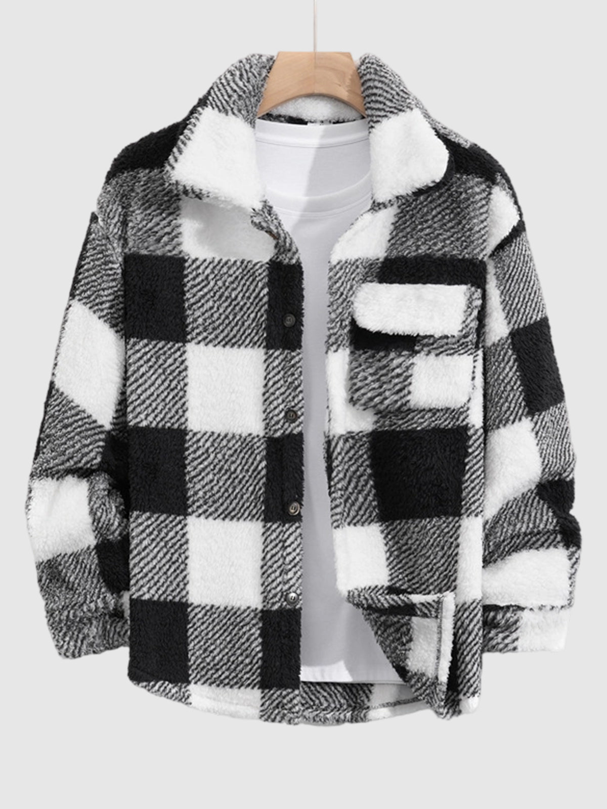 Classic men's plaid jacket with plush faux fur shoulder details, single pocket, buttons, and collar lapel