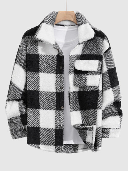 Classic men's plaid jacket with plush faux fur shoulder details, single pocket, buttons, and collar lapel