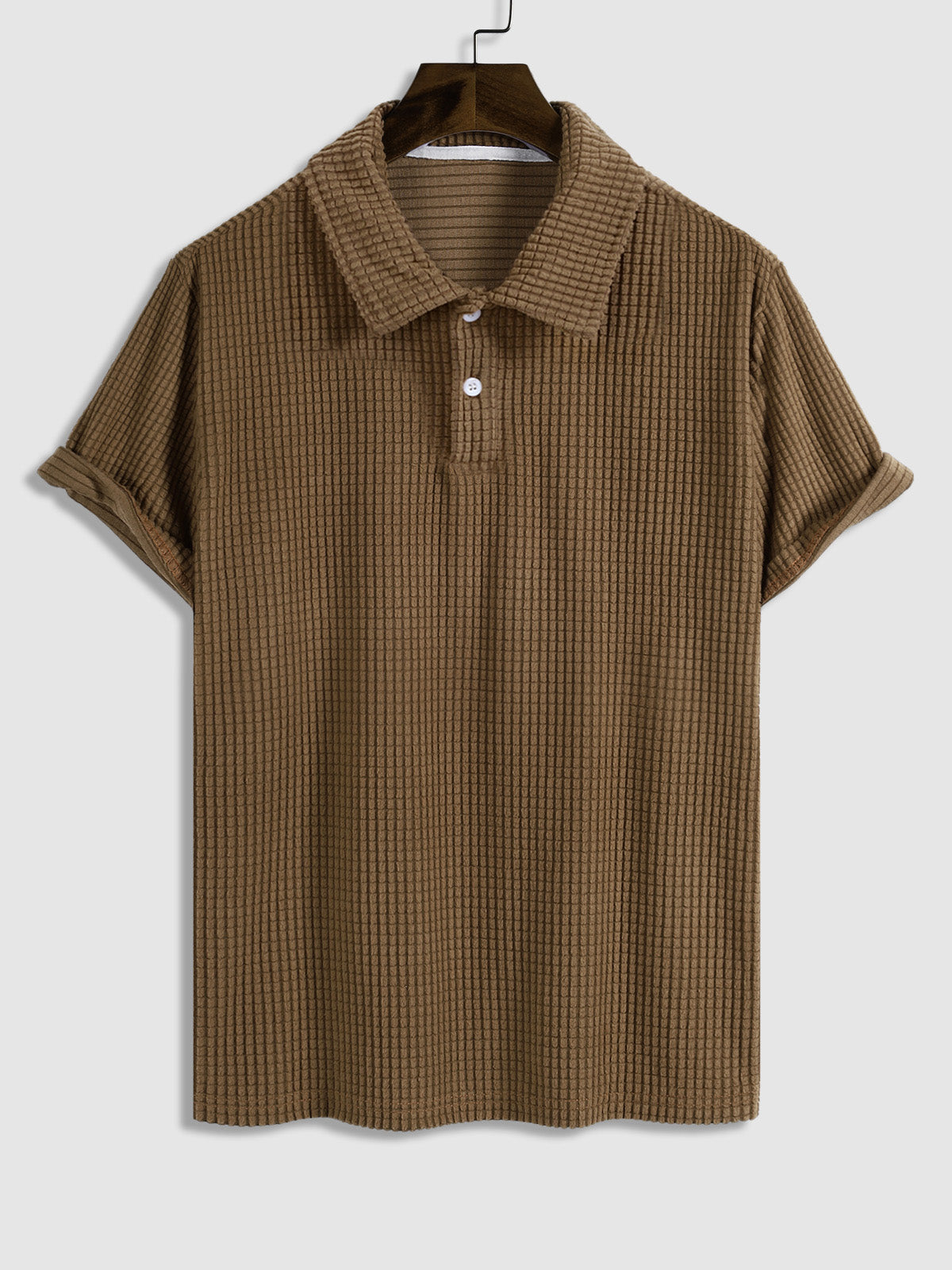 Men's polo shirt with a plain plaid pattern, textured collar, and short sleeves