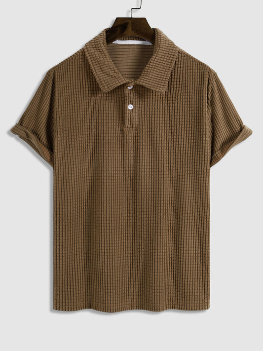 Men's polo shirt with a plain plaid pattern, textured collar, and short sleeves