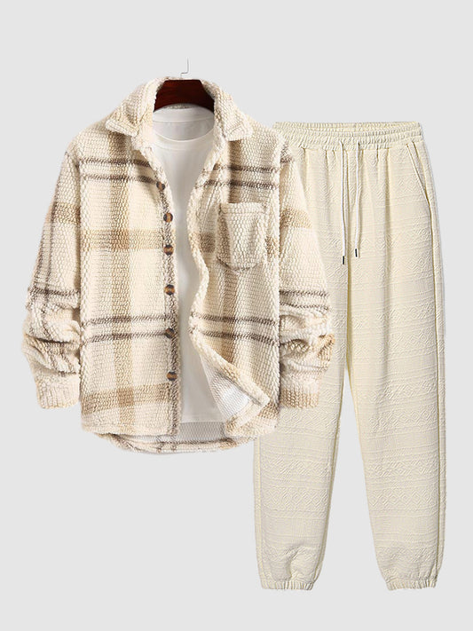 Men's Elegant Set: Plaid Flannel Jacket with Collar and Woven Casual Trousers