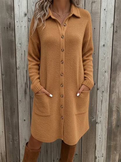 Women's Knitted Midi Shirt Dress with Pockets