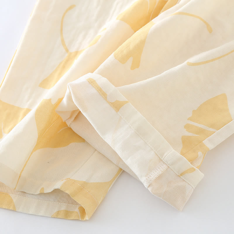 Ownkoti Ginkgo Leaf Design Bowknot Cotton Loungewear Set for Stylish Comfort