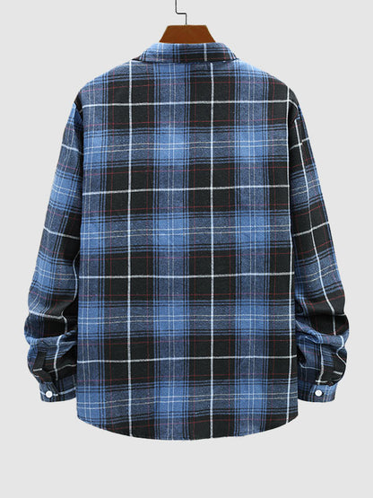 Men's Long Sleeve Casual Wool and Suede Plaid Shirt
