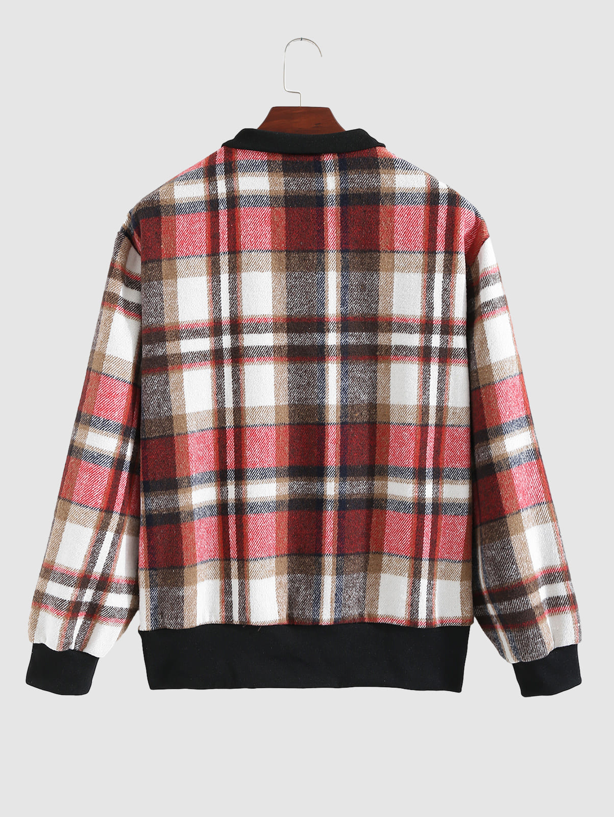 Vintage plaid blended wool sweatshirt for men with stand collar and zipper