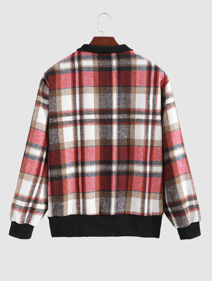 Vintage plaid blended wool sweatshirt for men with stand collar and zipper