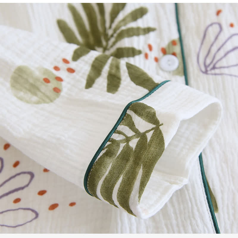 Ownkoti Leaf Print Premium Pure Cotton Long Sleeve Pajama Set