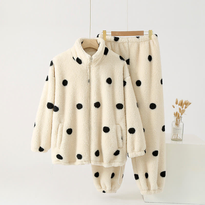 Ownkoti Polka Dot Long Sleeve Fleece Pajama Set - Cozy and Stylish Nightwear for Ultimate Comfort