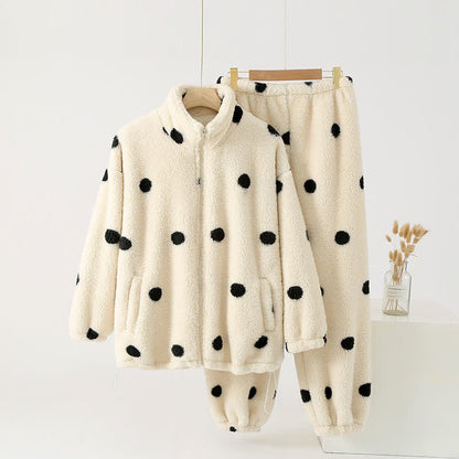 Ownkoti Polka Dot Long Sleeve Fleece Pajama Set - Cozy and Stylish Nightwear for Ultimate Comfort