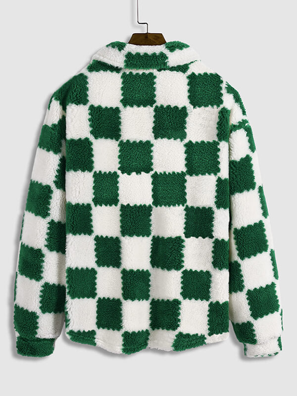 Men's faux fur plaid jacket with a single pocket and zipper for a casual and trendy style