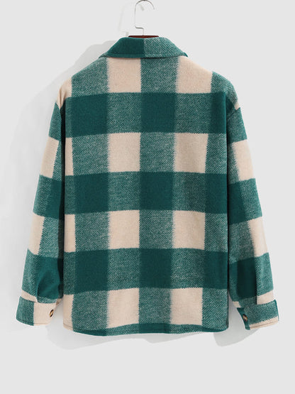 Men's Classic Plaid Wool Blend Button-Front Shirt Jacket