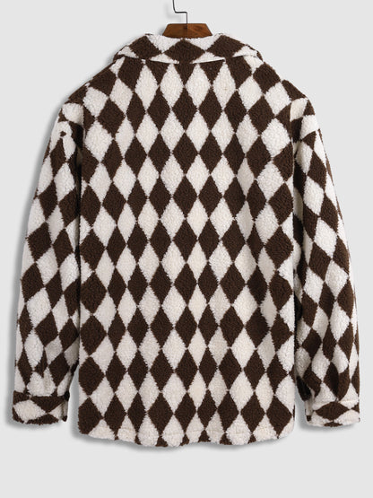 Elegant Men's Faux Fur Lapel Jacket with Diamond Plaid Pattern and Single Pocket